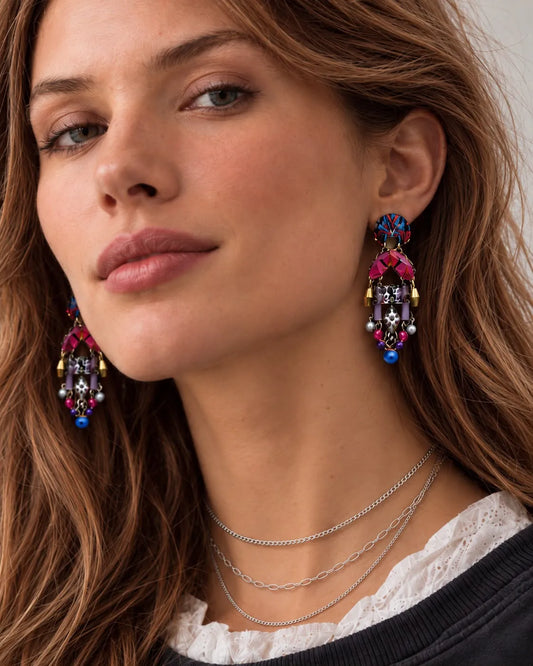 SÓNIA - Brincos longos em aço com missangas e tecido - Azul