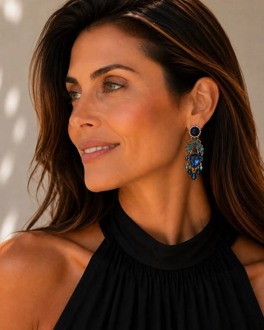JOANA - Brincos médios em aço com missangas e tecido - Azul