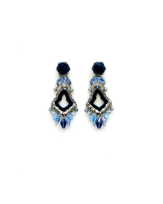 MADALENA - Brincos statement em aço com missangas e tecido - Azul