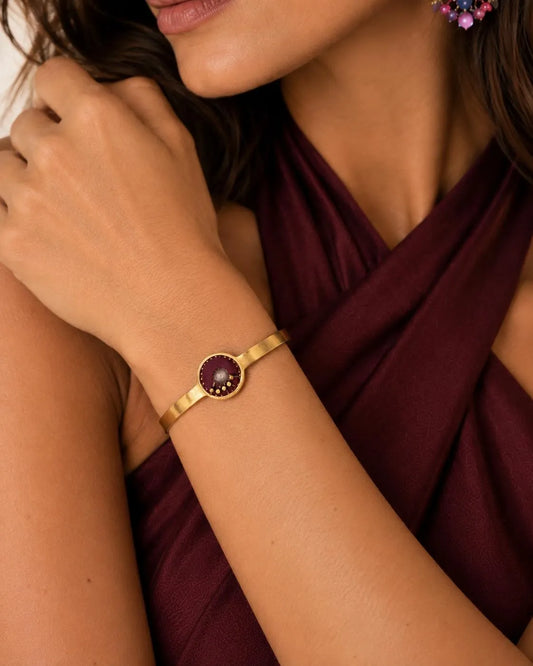 SOFIA - Pulseira fina em aço dourado com missangas - Bordeaux-Dourado