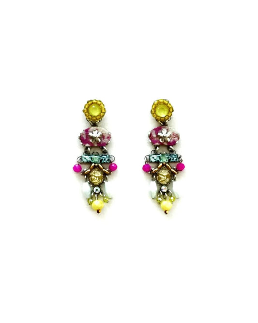 VERA - Brincos longos em aço com missangas e tecido - Rosa-Amarelo