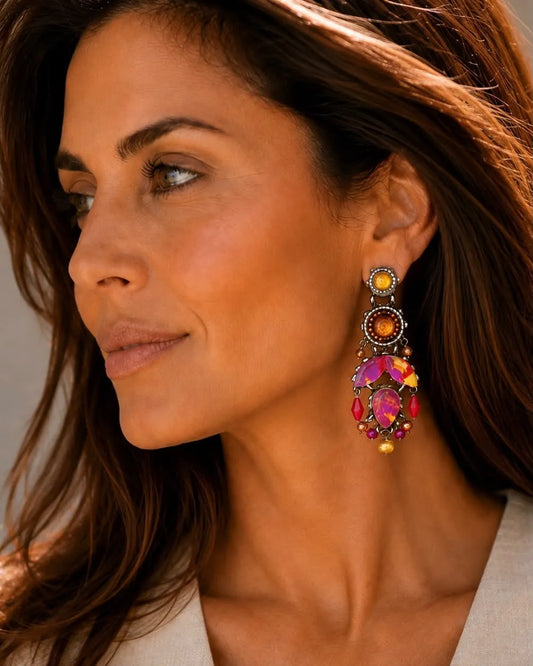 AIDA - Brincos longos em aço com missangas e tecido - Rosa-Amarelo