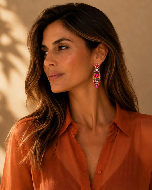MARIA - Brincos longos em aço com missangas e tecido - Vermelho-Laranja