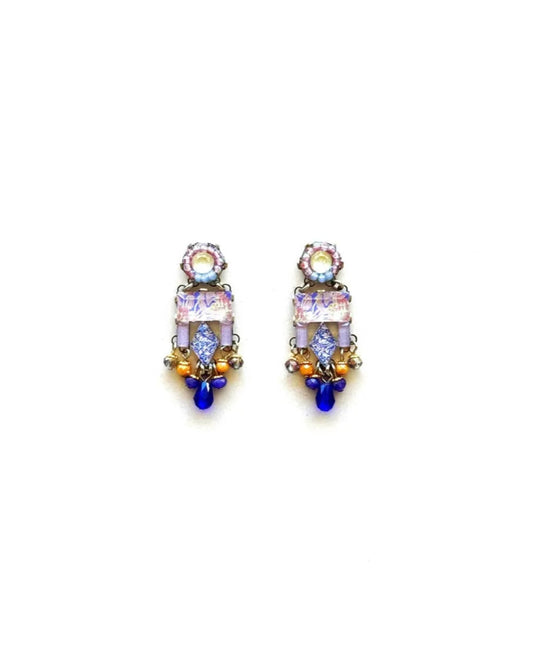 HERA - Brincos médios em aço com missangas e tecido - Amarelo-Azul