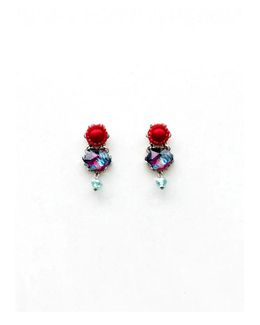 FLOS - Brincos curtos em aço com missangas e tecido - Vermelho-Azul