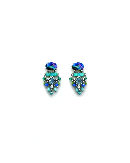 RITA - Brincos médios em aço com missangas e tecido -Azul-Verde