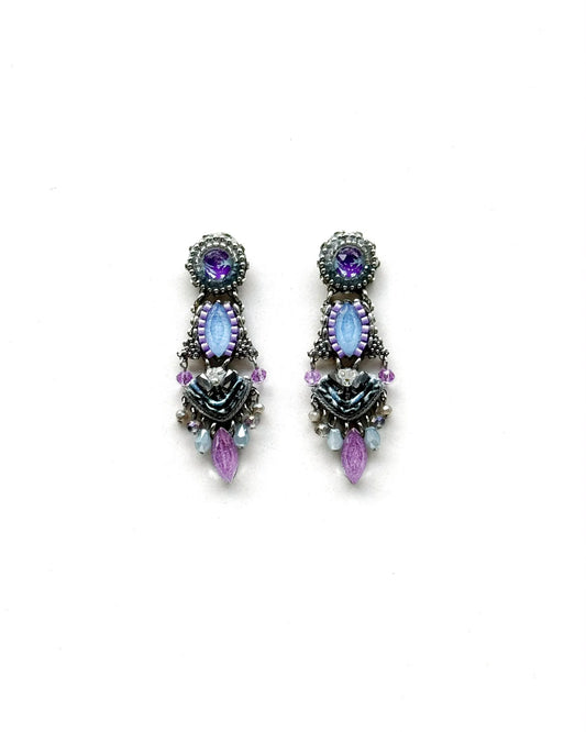 CATARINA - Brincos longos em aço com missangas e tecido - Roxo