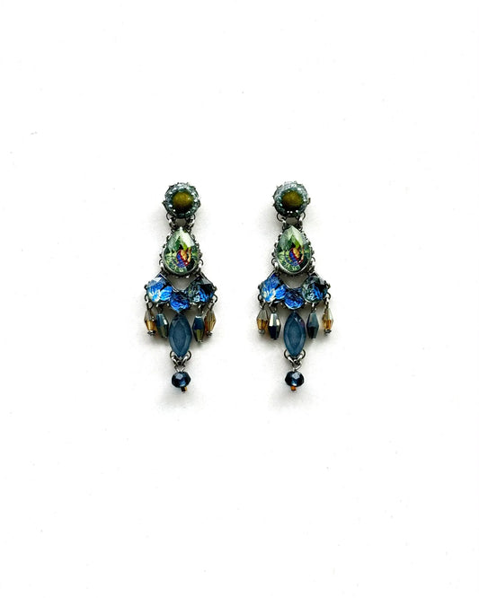 MATILDE II - Brincos longos em aço com missangas e tecido - Azul-Verde