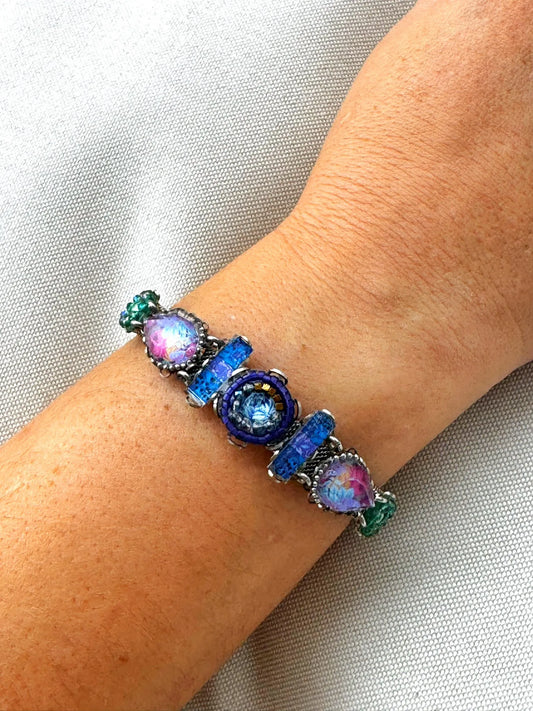 DORA - Pulseira em aço com missangas e tecido - Azul