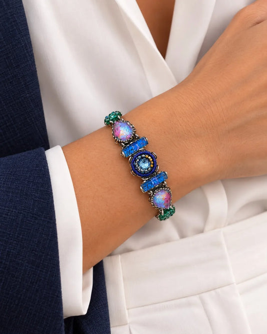 DORA - Pulseira em aço com missangas e tecido - Azul